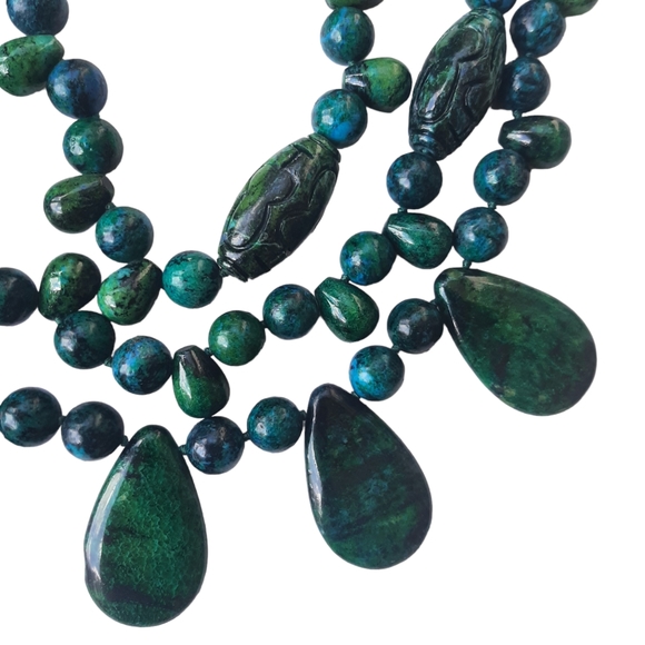 Azurite Malachite Chrysocolla Cabochon Tiered Beaded Statement Necklace - Picture 4 of 10